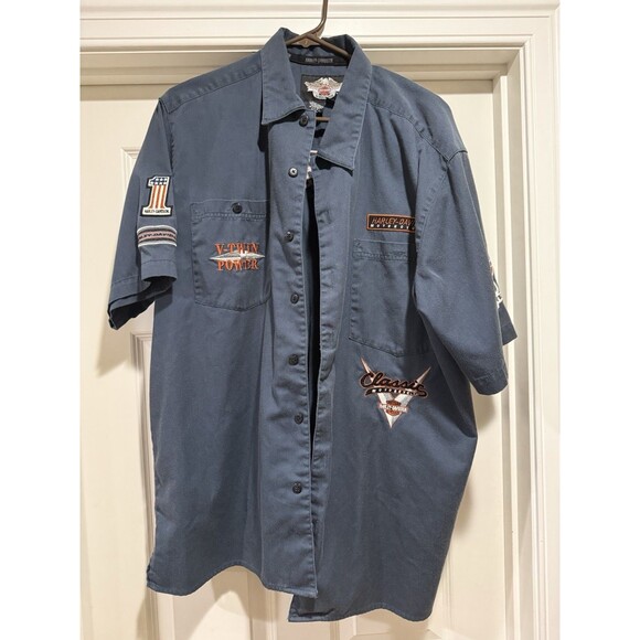 Harley-Davidson Shirt Mens XL Blue Gray Button Up Short Sleeve Work Embroidered - Picture 4 of 5